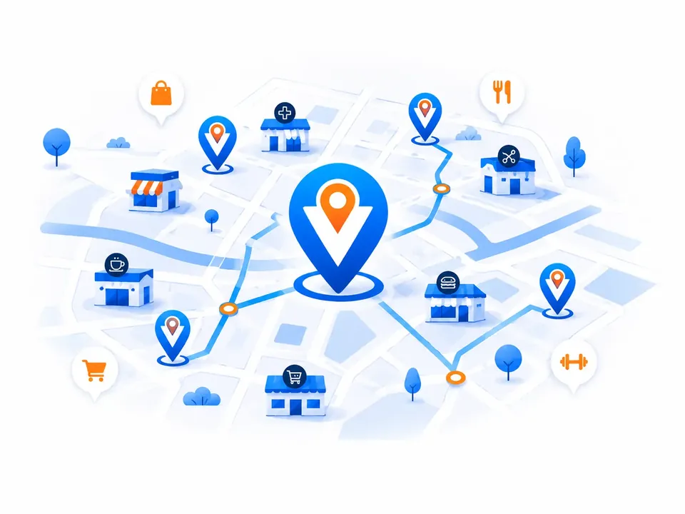 Ilustración de mapa de vecindario con pines de negocios
